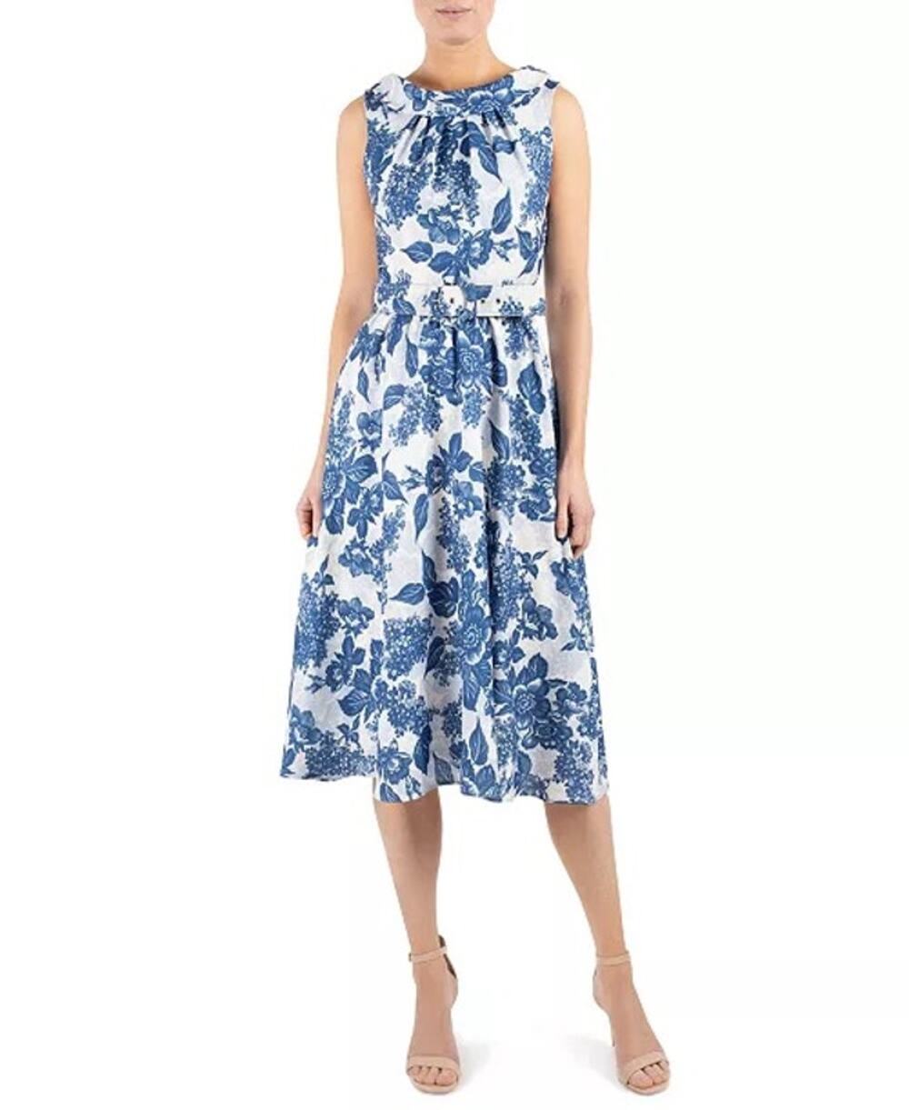 Donna Ricco New York Blue Floral Print Tie Waist A-Line Pleated Midi Dress Sz 6